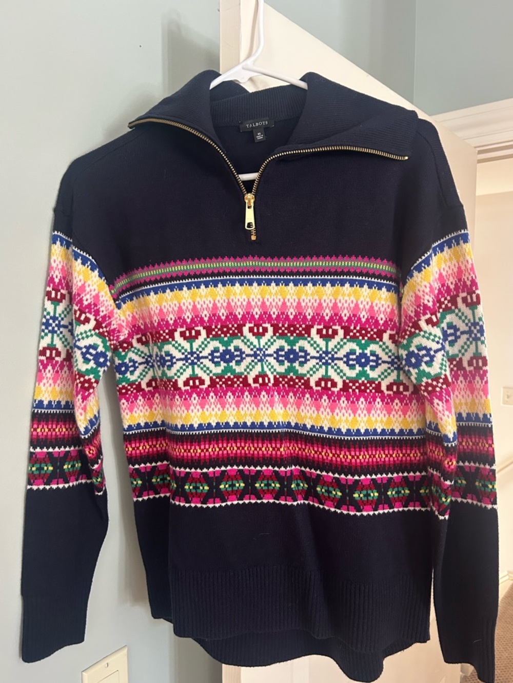 Talbots Navy Zip-Up Sweater with Multicolor Fair Isle Pattern